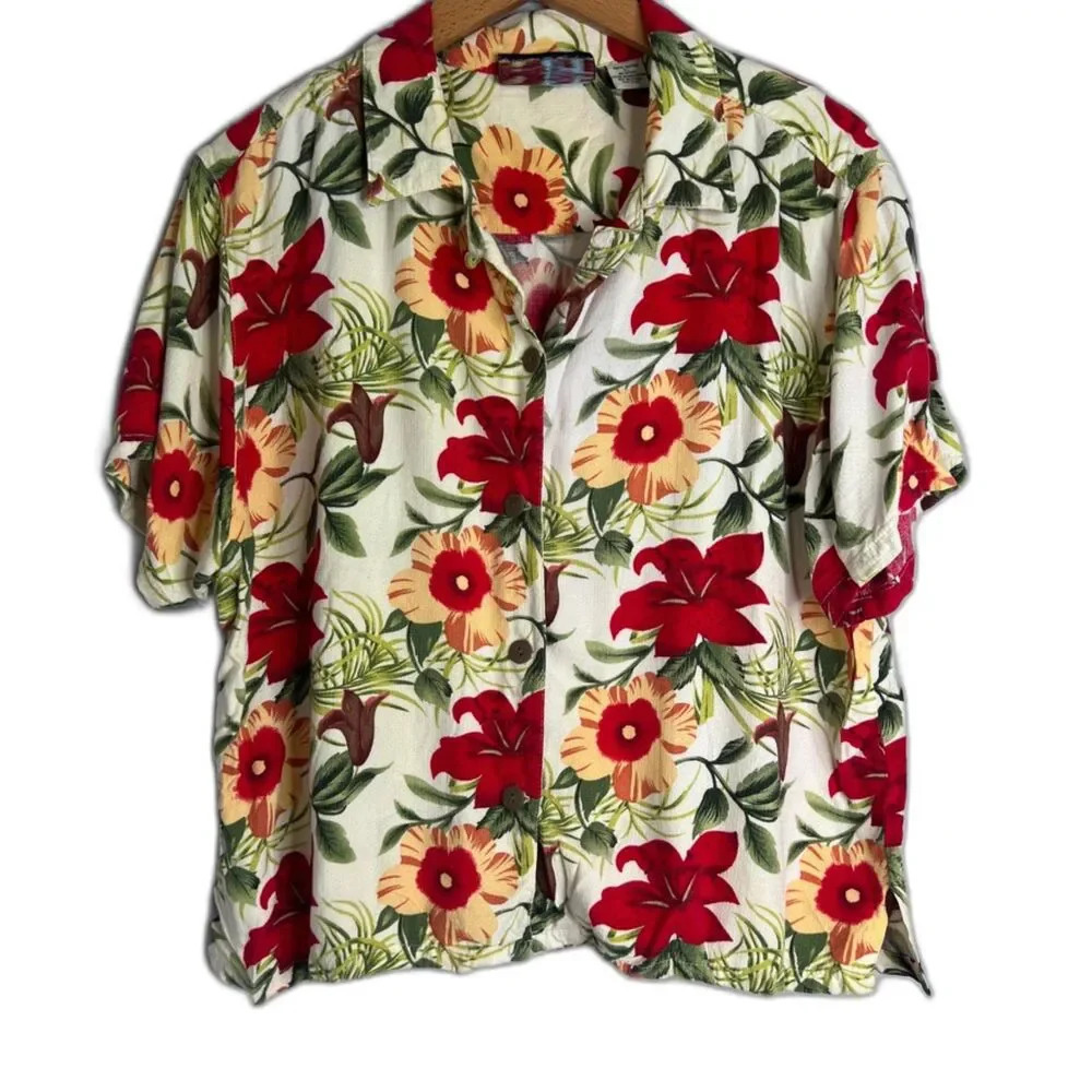 Palm Grove White Floral Hawaiian Button Front Shirt Size‎ Petite Large